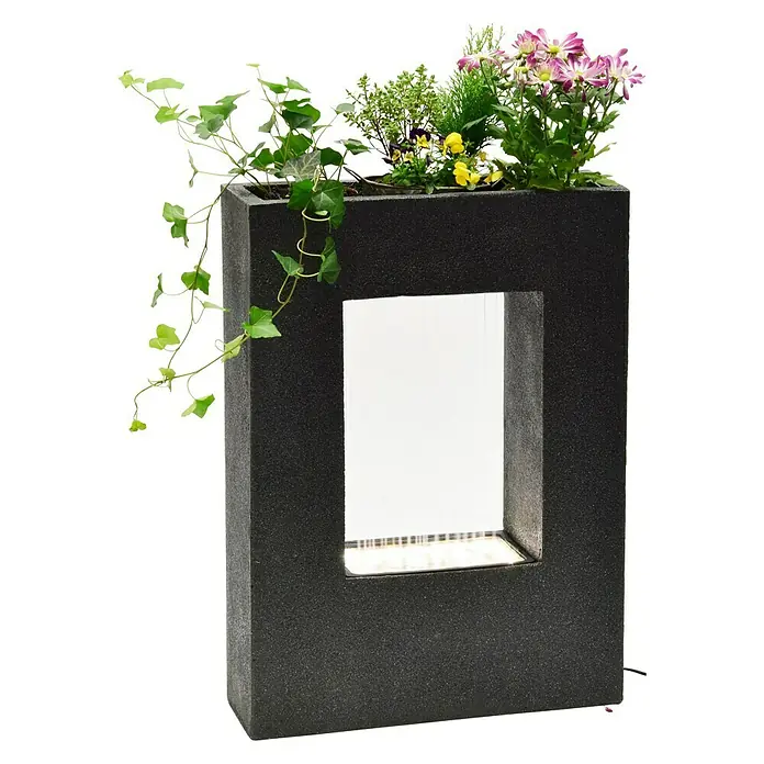 Dobar Gartenbrunnen - 54,5 x 19 x 76 cm, Sonstiges, Grau - Das rechteckige Pflanzgefäß mit Öffnung, bepflanzt mit üppigem Grün und bunten Blüten, ist eine dekorative Bereicherung für jeden Außenbereich.