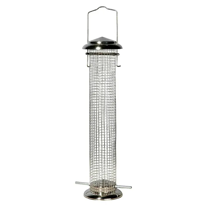 Dobar Futtersäule - Ø x H: 9,5 x 39 cm, Metall - Ein silberner, zylindrischer Vogelfutterspender mit Drahtgitter und einem Haken zum Aufhängen. Ideal für Wildvögel im Garten.