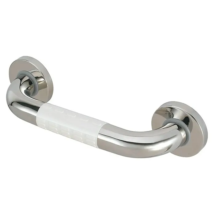 careosan Wannengriff - 25 cm, Edelstahl, Edelstahl - Silberfarbener Haltegriff mit weißem, strukturiertem Griffbereich und runden Befestigungsplatten.
