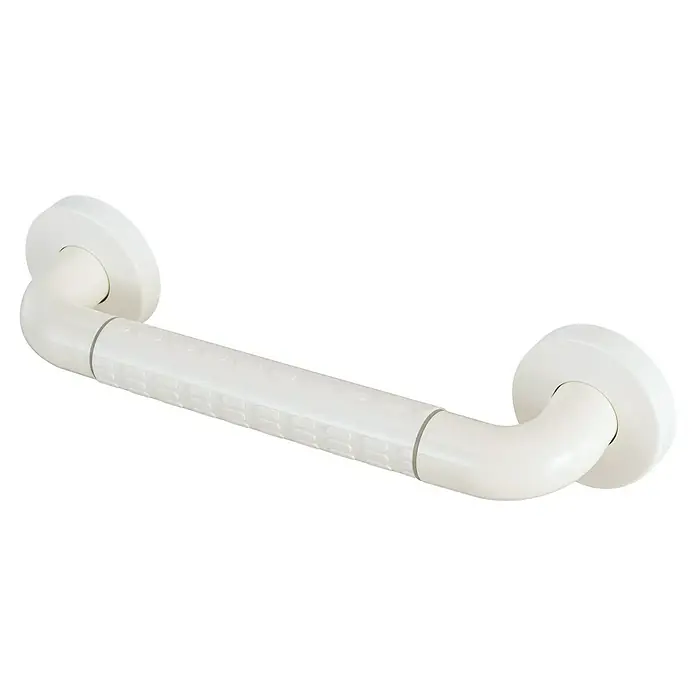 careosan Wannengriff - 30 cm, Edelstahl, Weiß - Nahaufnahme eines weißen Haltegriffs für das Badezimmer. Der Griff ist an beiden Enden an einer Wand befestigt.