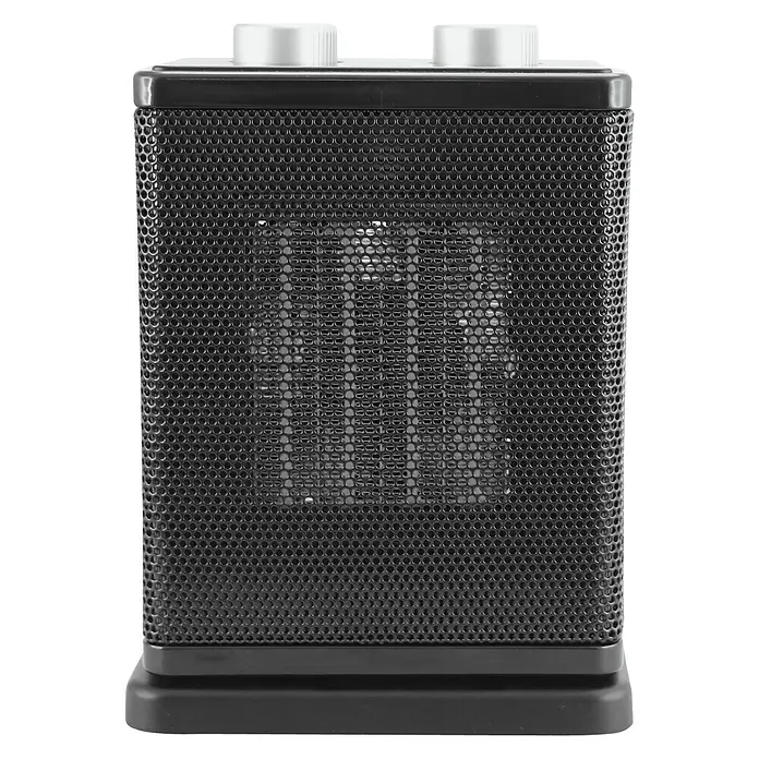 Voltomat HEATING Heizlüfter FH-111907 - 750 kW - 1.500 W, Schwarz, 17,8 x 12,3 x 24,4 cm - Nahaufnahme eines tragbaren, schwarzen Heizlüfters mit zwei silberfarbenen Drehknöpfen auf der Oberseite.