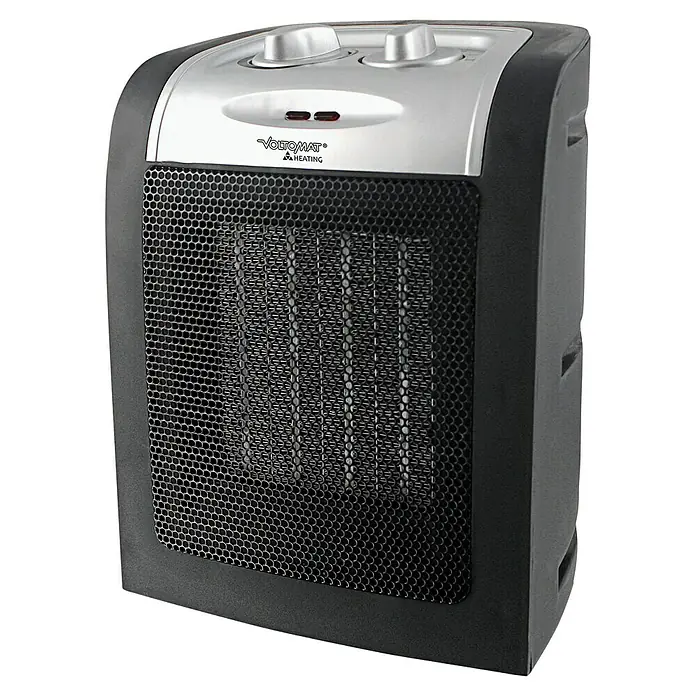 Voltomat HEATING Heizlüfter - 900 kW - 1.800 W, Schwarz, 12 x 17 x 22 cm - Produktbild einer VoltoMAT Heizung. Der Heizlüfter ist schwarz und silber. Die Vorderseite ist mit einem schwarzen Gitter versehen.