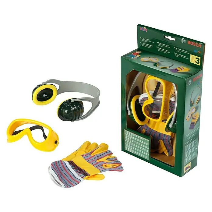 Klein Bosch Kinder-Zubehör-Set - 3 -tlg. - Bosch Mini Zubehörset: Spielzeug-Sicherheitsausrüstung für Kinder, bestehend aus Schutzbrille, Gehörschutz und Arbeitshandschuhen.