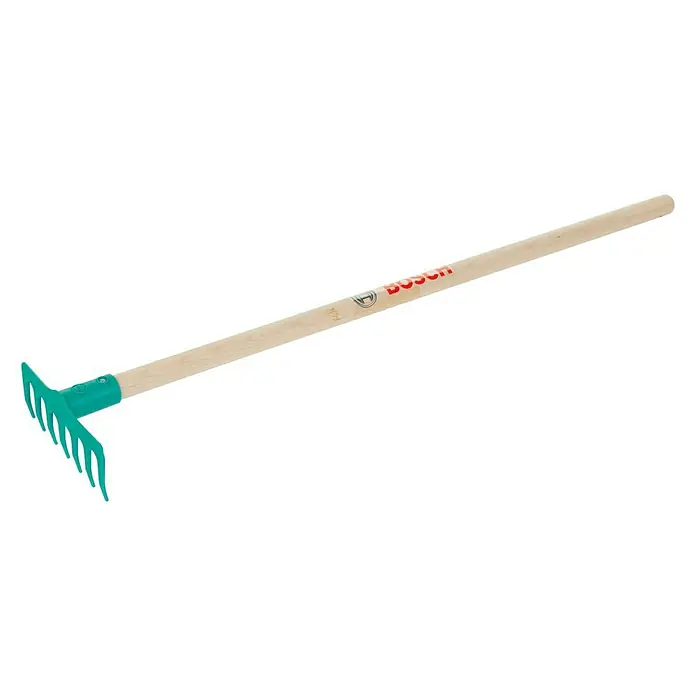 Klein Bosch Kinder-Rechen - Länge: 72,5 cm - Abbildung eines Bosch Laubfächerbesens mit Holzstiel und grünem Fächerkopf, ideal für die Gartenarbeit.