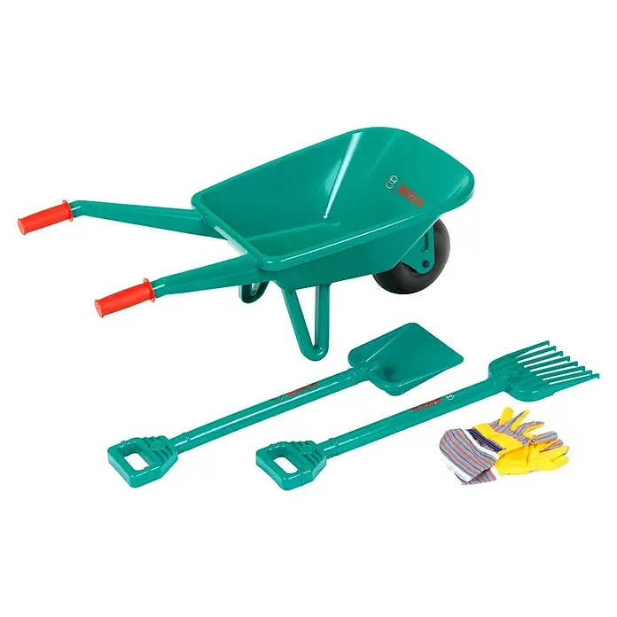 Klein Bosch Kinder-Garten-Set - 4 -tlg. - Ein Spielzeug-Gartenset mit Schubkarre, Schaufel, Rechen und Handschuhen. Ideal für Kinder, um im Garten mitzuhelfen.
