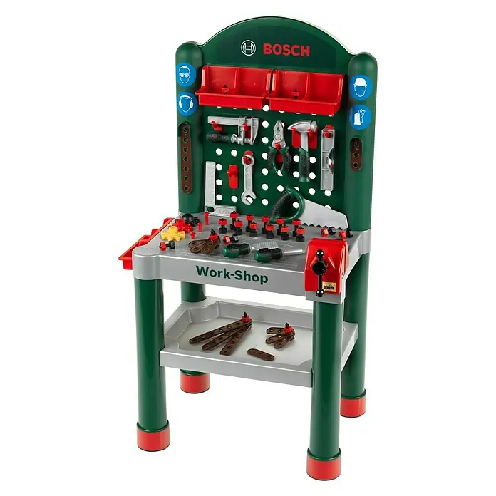 Klein Bosch Kinder-Werkbank - L x B x H: 50 x 37 x 105 cm - Bosch Werkbank für Kinder mit Werkzeugen, Schrauben und Zubehör. Perfekt für kleine Handwerker, um spielerisch die Welt des Bauens zu entdecken.