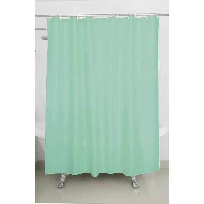 Venus Duschvorhang - B x H: 180 x 200 cm, Kunststoff, Grün - Ein mintgrüner Duschvorhang mit weißen Haken hängt an einer silbernen Stange über einer Badewanne. Er bietet Privatsphäre und Spritzschutz im Badezimmer.