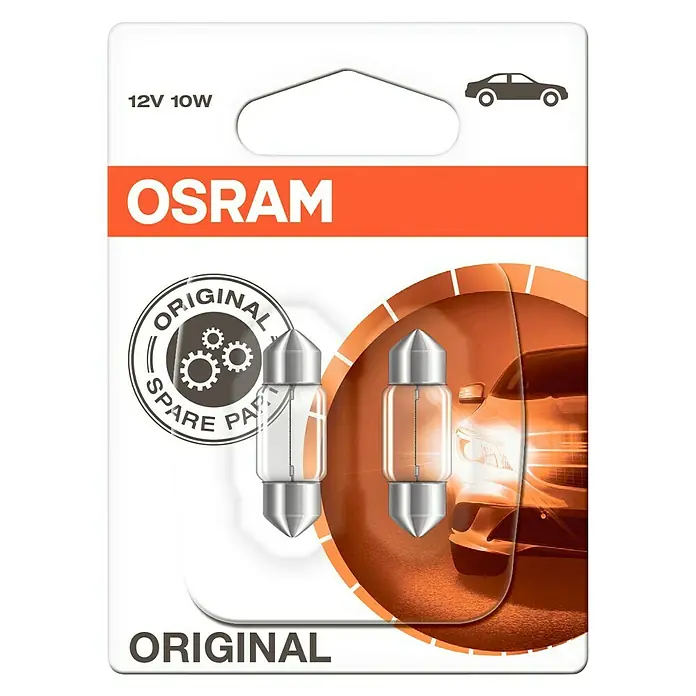 Osram Soffittenlampe Original Line - 2 Stk. - Abbildung einer OSRAM Original 12V 10W Glühbirne in ihrer Verpackung, ein zuverlässiges Ersatzteil für Ihr Fahrzeug.