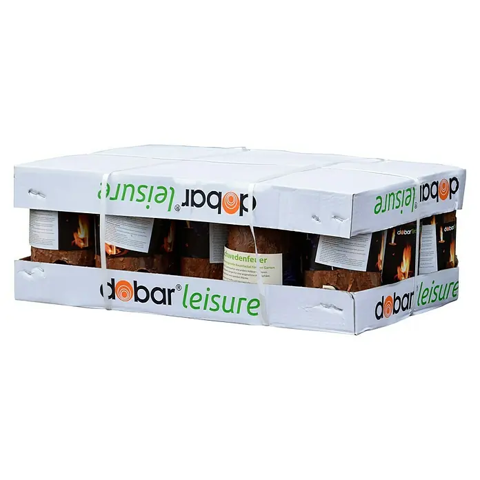 Dobar Schwedenfeuer Set - Ø x H: 15 x 20 cm - Eine Packung Dobar Leisure Schwedenfeuer mit mehreren Baumfackeln, verpackt in einem weißen Karton, ideal für Garten und Outdoor-Veranstaltungen.