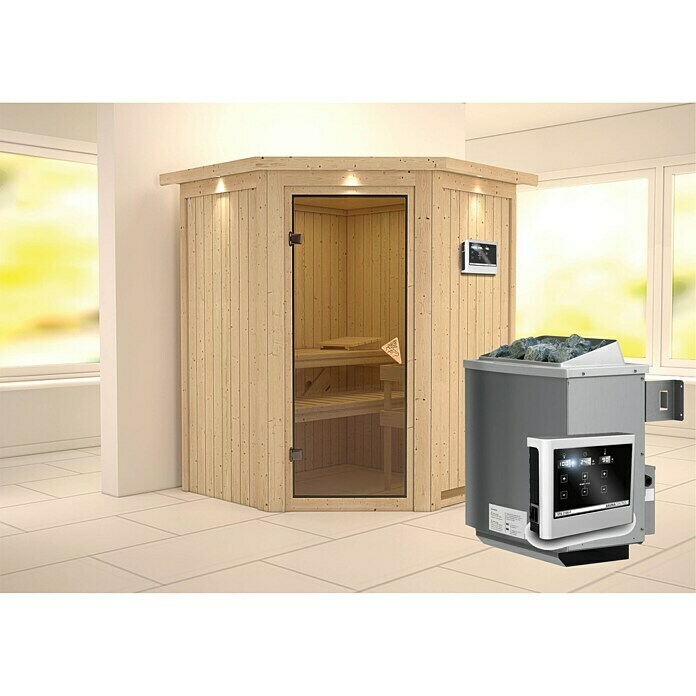 Karibu Elementsauna Larin (Mit 9 kW Ofen mit externer Steuerung, Mit Dachkranz und Beleuchtung, L x B x H: 165 x 165 x 192 cm)