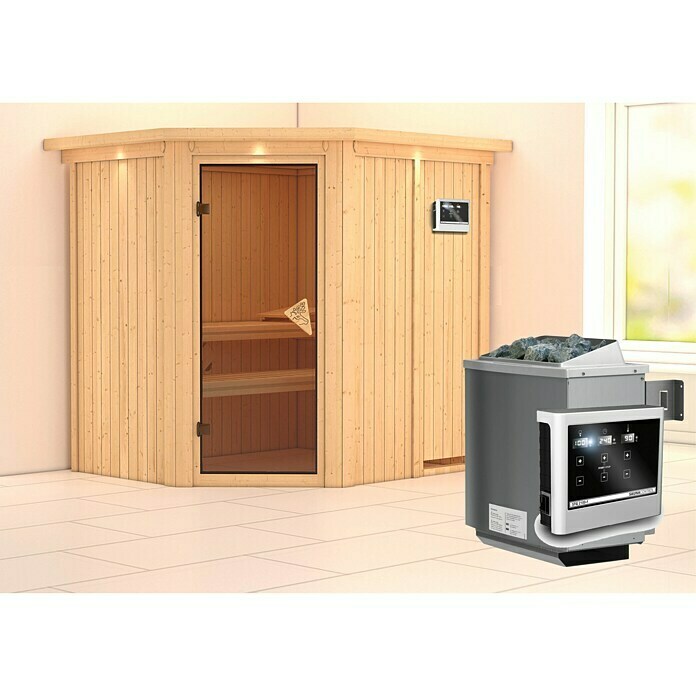 Karibu Elementsauna Siirin (Mit 9 kW Ofen mit externer Steuerung, Mit Dachkranz und Beleuchtung, Materialspezifizierung Tür: Ganzglas Bronze, L x B x