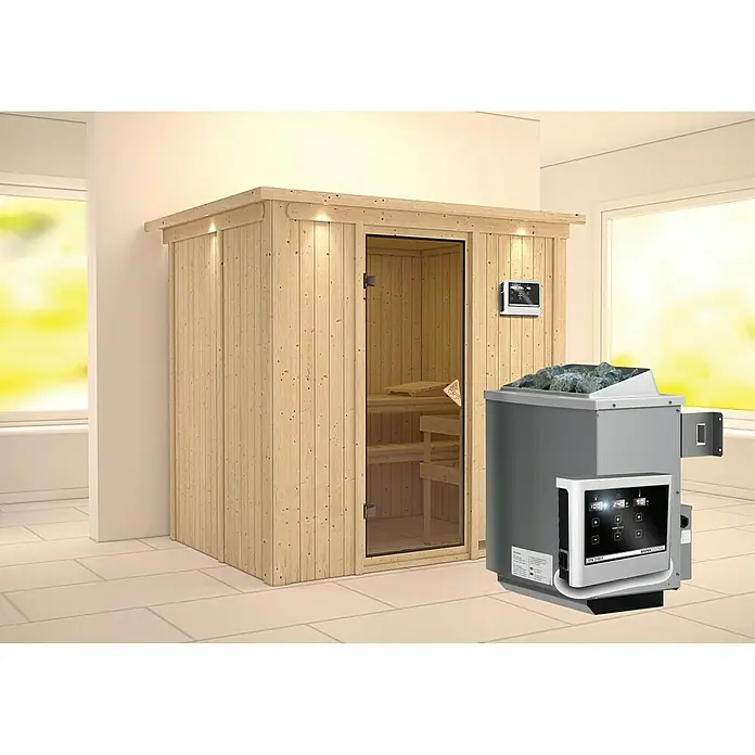 Karibu Elementsauna Bodin - Mit 9 kW Ofen mit externer Steuerung, Mit Dachkranz und Beleuchtung, L x B x H: 210 x 165 x 192 cm - Holzsauna mit Glasfront und einem grauen Saunaofen mit Steinen, der für ein entspannendes Saunaerlebnis sorgt. Ideal für Wellness zu Hause.
