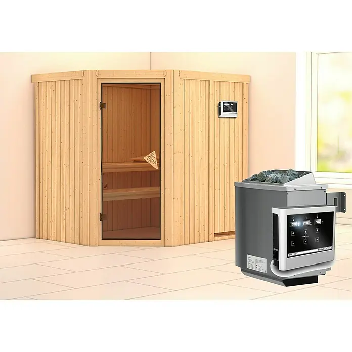 Karibu Elementsauna Siirin - Mit 9 kW Ofen mit externer Steuerung, Ohne Dachkranz, Materialspezifizierung Tür: Ganzglas Bronze, L x B x H: 196 x 170 x 192 cm - Einblick in eine Sauna mit Holzwänden und Glastür, ergänzt durch einen modernen Saunaofen mit digitaler Steuerung für ein entspannendes Erlebnis.
