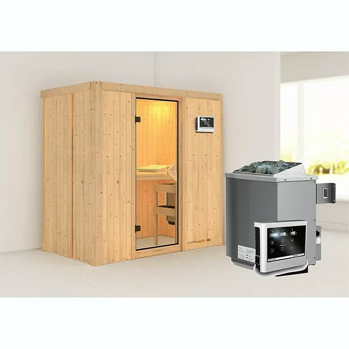 Karibu Elementsauna Variado - Ohne Dachkranz, Mit 9 kW Ofen mit externer Steuerung, L x B x H: 196 x 118 x 192 cm - Ein luxuriöses Sauna-Set mit Holzsauna und separatem Saunaofen mit Steinen und Bedienfeld.