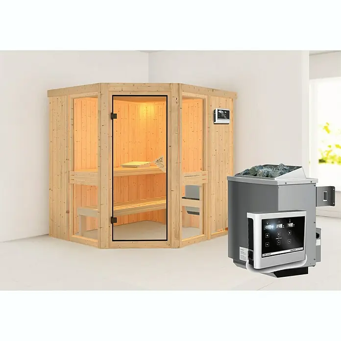 Karibu Elementsauna Amelia 1 - Mit 9 kW Ofen mit externer Steuerung, Ohne Dackranz, L x B x H: 196 x 170 x 192 cm - Eine moderne Sauna mit integriertem Ofen und Steuerung für ein entspannendes Saunaerlebnis.