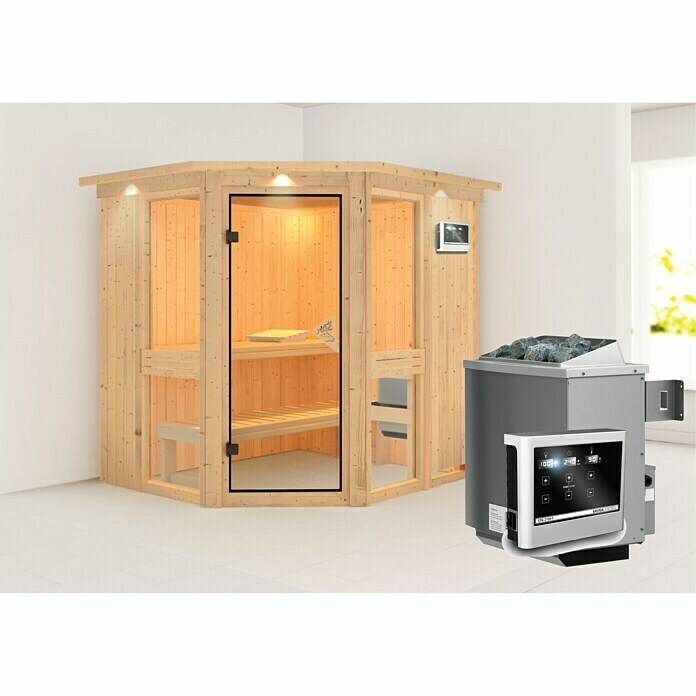 Karibu Systemsauna Amelia 1 (Mit Saunaofen 9 kW inkl. Steuerung Easy, Mit Dachkranz und Beleuchtung, 170 x 196 x 198 cm)