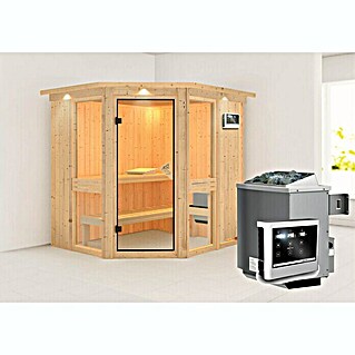 Karibu Elementsauna Amelia 1 (Mit 9 kW Ofen mit externer Steuerung, Mit Dachkranz und Beleuchtung, L x B x H: 210 x 184 x 192 cm)