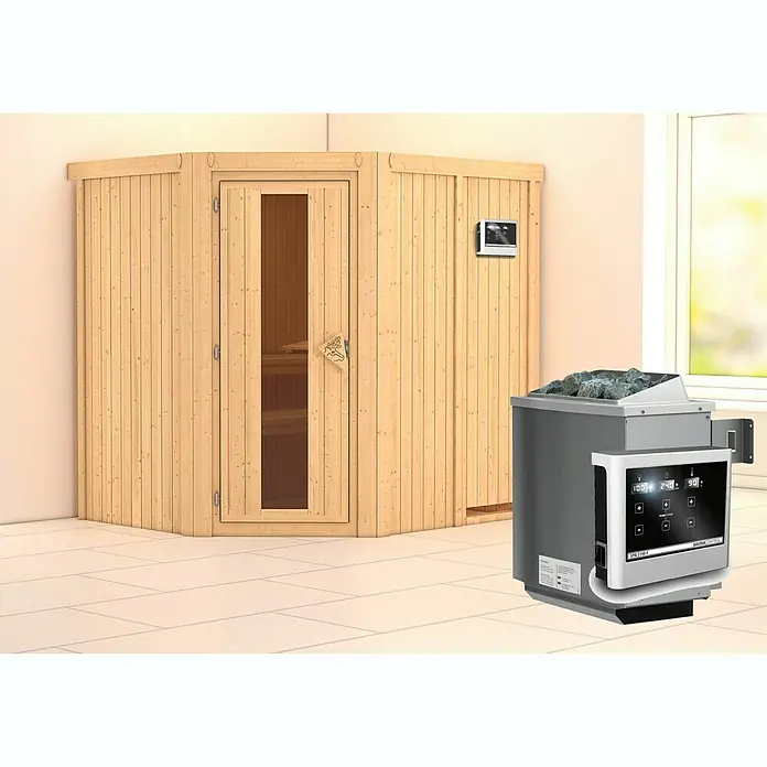 Karibu Elementsauna Siirin - Mit 9 kW Ofen mit externer Steuerung, Ohne Dachkranz, Materialspezifizierung Tür: Massivholztür, L x B x H: 196 x 170 x 192 cm - Holzsauna mit Glastür und separatem Saunaofen mit digitalem Bedienfeld für ein entspannendes Saunaerlebnis.