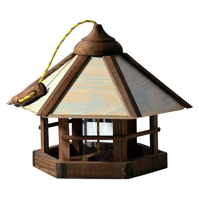 Dobar Sechseck-Vogelfutterhaus Camouflage - 35 x 35 x 29 cm, Ausstattung: Mit Silo - Holz Vogelhaus mit achteckigem Dach und gelbem Seilaufhänger, ideal für den Garten.