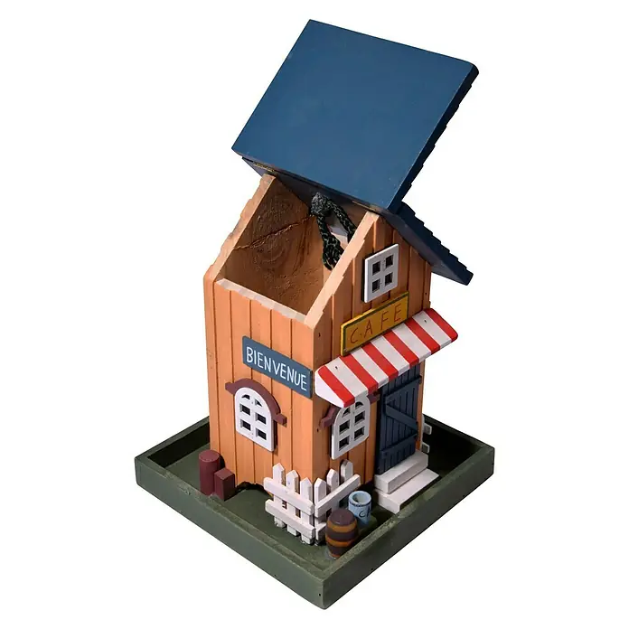 Dobar Vogelhaus Café - 18 x 18 x 23 cm, Holz, Bunt - Ein charmantes Vogelhaus im Café-Stil mit blauem Dach und "Bienvenue"-Schild, ideal für Gartenliebhaber und Vogelfreunde.