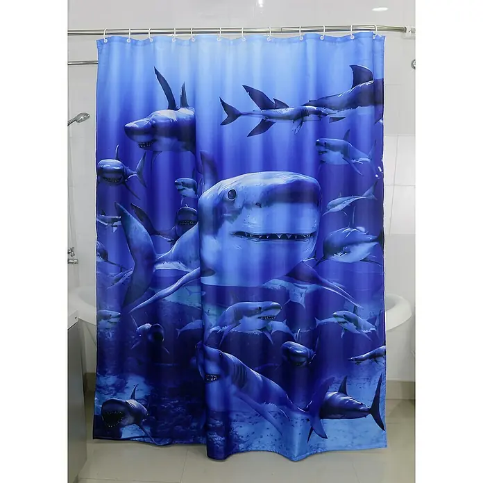 Venus Duschvorhang Hai - B x H: 180 x 200 cm, Textil, Blau - Blauer Duschvorhang mit Hai-Motiv. Schützt Ihr Bad vor Spritzwasser und sorgt für einen Blickfang mit dem Hai-Design.
