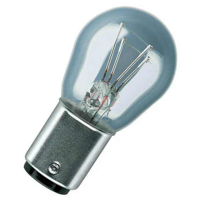 Osram Brems- & Schlusslichtleuchte Ultra Life - P21/5W, 2 Stk. - Ein Detailaufnahme einer Osram W21/5W Lampe, ideal für Fahrzeugbeleuchtung, mit einem klaren Design und robuster Bauweise.