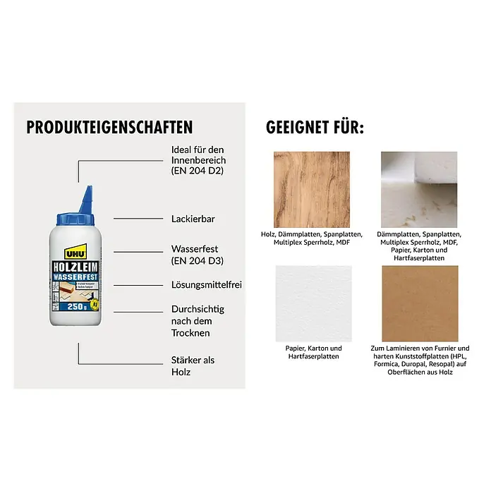 UHU Holzleim Wasserfest - 250 g, Lösemittelfrei - Produktbild von UHU Holzleim Wasserfest. Geeignet für Holz, Dämmplatten, Spanplatten, Papier und Laminieren von Furnier auf Holz.