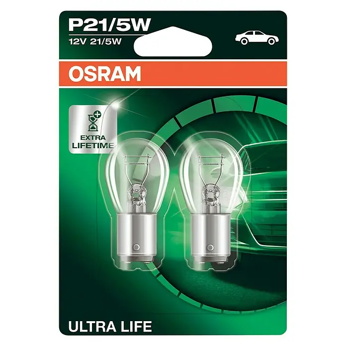 Osram Brems- & Schlusslichtleuchte Ultra Life - P21/5W, 2 Stk. - Osram P21/5W Ultra Life Doppelpackung mit langlebigen Glühbirnen für Autos, ideal für den Austausch und verbesserte Sichtbarkeit.