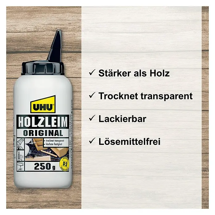 UHU Holzleim Original - 250 g, Lösemittelfrei - Bild einer Flasche UHU Holzleim Original, einem lösungsmittelfreien Holzleim, der transparent trocknet und stärker als Holz ist.