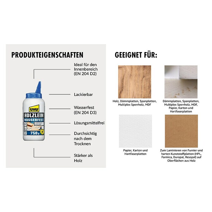 UHU Holzleim Wasserfest (750 g, Lösemittelfrei, Weißleim)