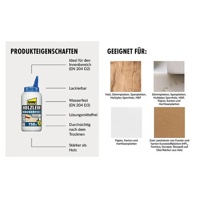 UHU Holzleim Wasserfest - 750 g, Lösemittelfrei - UHU Holzleim Wasserfest: Ideal für den Innenbereich, lackierbar, wasserfest, lösungsmittelfrei, durchsichtig nach dem Trocknen und stärker als Holz.
