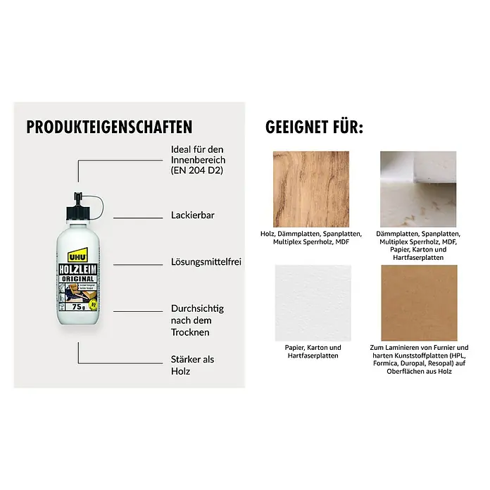 UHU Holzleim Original - 75 g, Lösemittelfrei - UHU Holzleim Original: Ideal für den Innenbereich, lackierbar, lösungsmittelfrei und stärker als Holz. Geeignet für verschiedene Materialien.