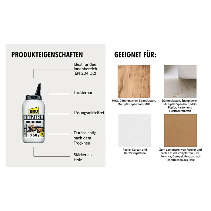 UHU Holzleim Original - 750 g, Lösemittelfrei - UHU Holzleim Original: Ideal für den Innenbereich, lackierbar und lösungsmittelfrei. Geeignet für Holz, Dämmplatten, Papier und Kunststoffplatten.