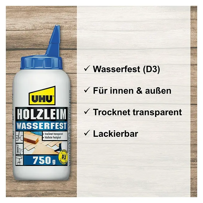 UHU Holzleim Wasserfest - 750 g, Lösemittelfrei - Abbildung einer Flasche UHU Holzleim Wasserfest (750g), einem wasserfesten Holzleim, der transparent trocknet und lackierbar ist, für Innen & Außen.