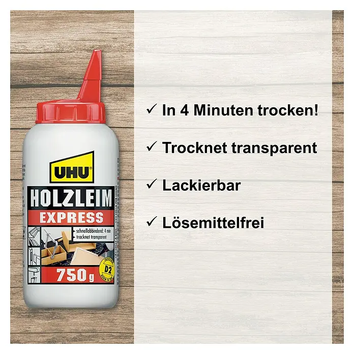 UHU Holzleim Express - 750 g, Lösemittelfrei - Produktfoto von UHU Holzleim Express 750g. Der Holzleim trocknet schnell, transparent, ist lackierbar und lösemittelfrei. Ideal für Holzprojekte!