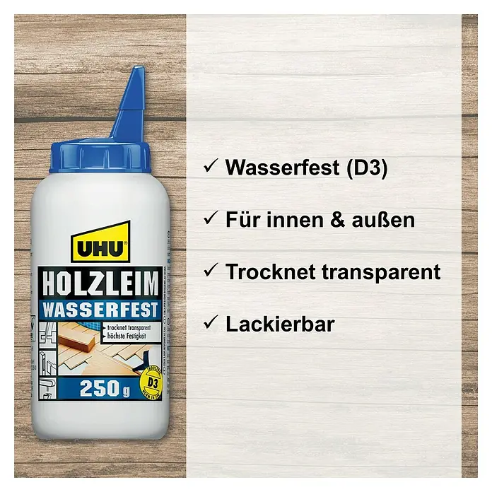 UHU Holzleim Wasserfest - 250 g, Lösemittelfrei - UHU Holzleim Wasserfest, ein wasserfester Holzleim für den Innen- und Außenbereich, der transparent trocknet und lackierbar ist.