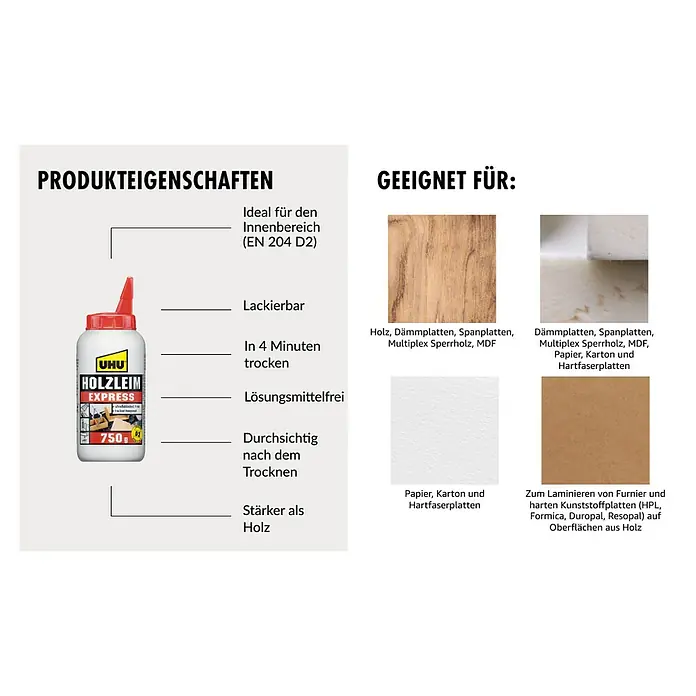 UHU Holzleim Express - 750 g, Lösemittelfrei - Produktbild von UHU Holzleim Express 750g, ideal für Holz, Pappe und Laminieren. Schnell trocknend und lösemittelfrei.