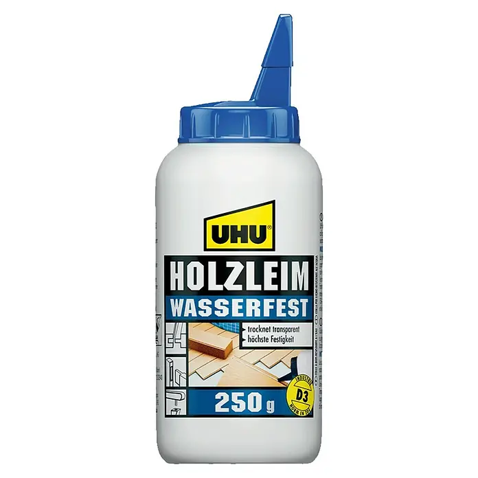 UHU Holzleim Wasserfest - 250 g, Lösemittelfrei - Eine Flasche UHU Holzleim Wasserfest, ein starker, wasserfester Holzleim, der transparent trocknet und höchste Festigkeit bietet, ideal für Holzarbeiten.