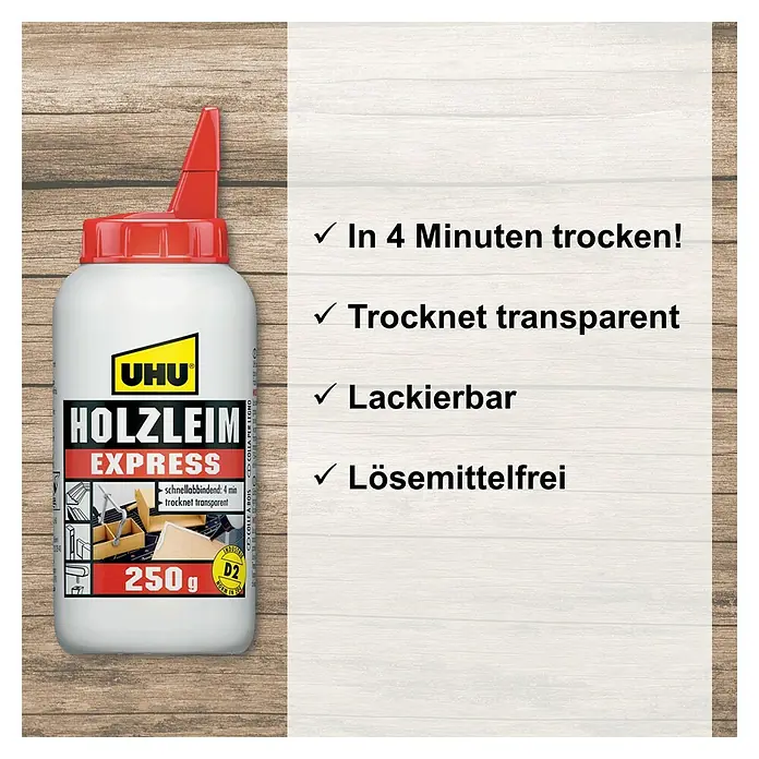 UHU Holzleim Express - 250 g, Lösemittelfrei - UHU Holzleim Express 250g: Schnell trocknender, transparenter und lösemittelfreier Holzleim, ideal für schnelle und saubere Holzverbindungen.