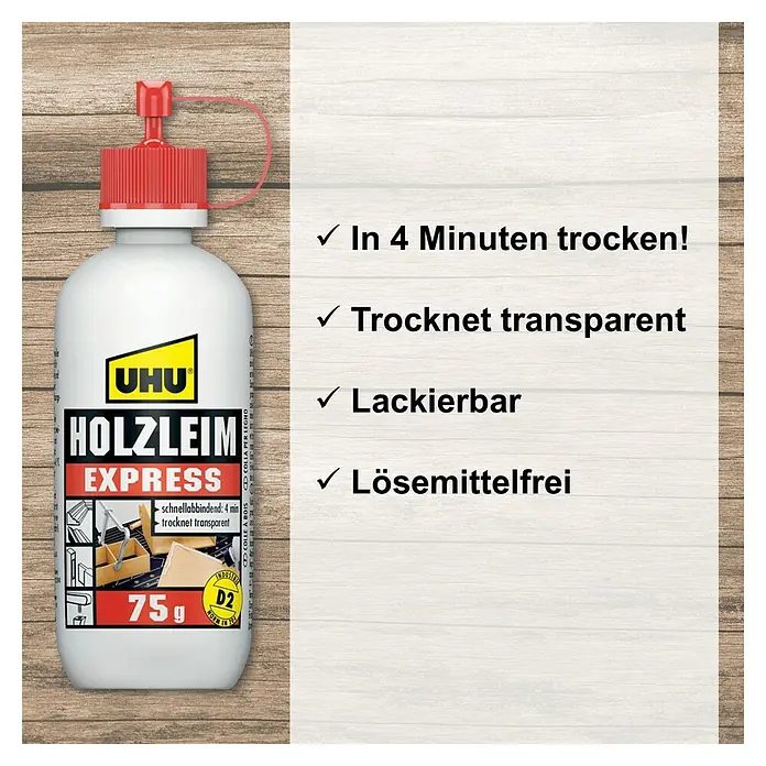 UHU Holzleim Express - 75 g, Lösemittelfrei - Produktbild von UHU Holzleim Express, einem schnellabbindenden Holzleim, der transparent trocknet, lackierbar und lösemittelfrei ist.