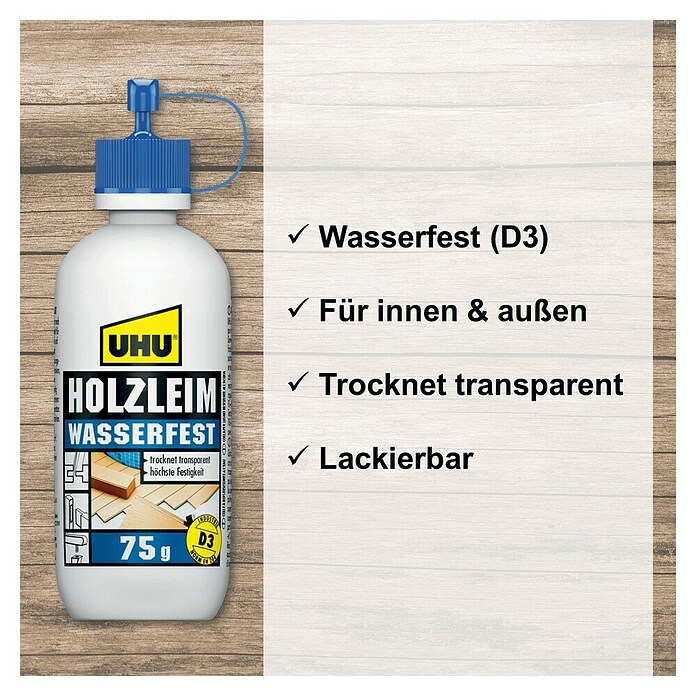 UHU Holzleim Wasserfest (75 g, Lösemittelfrei, Weißleim)