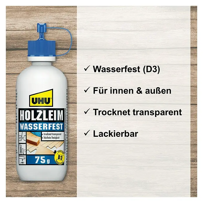 UHU Holzleim Wasserfest - 75 g, Lösemittelfrei - Abbildung einer Flasche UHU Holzkleber Wasserfest (D3) mit den Eigenschaften Wasserfest, für innen & außen, trocknet transparent und lackierbar.
