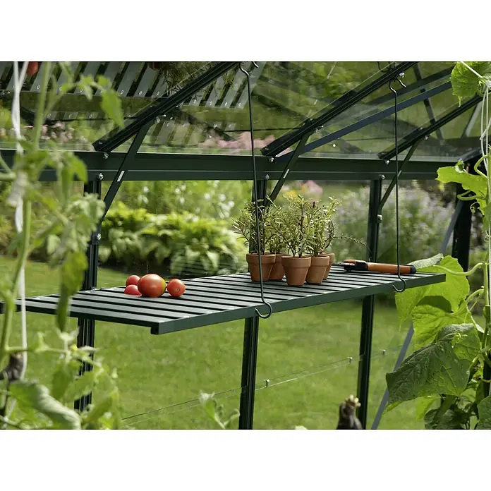 Vitavia Gewächshaus-Regal - Breite: 120 cm, Smaragd - Das Bild zeigt ein Gewächshaus mit einem hängenden Regal. Auf dem Regal stehen Tomaten, Kräutertöpfe und eine Gartenschere.