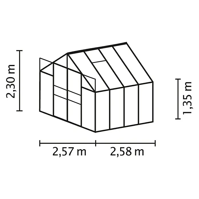 Vitavia Gewächshaus Mars 6700 Plus - Außenmaß inkl. Dachüberstand (B x T): 257 x 258 cm, 6 mm, Schwarz - Abbildung eines Gewächshauses mit Maßangaben zur Veranschaulichung der Größe und Abmessungen.