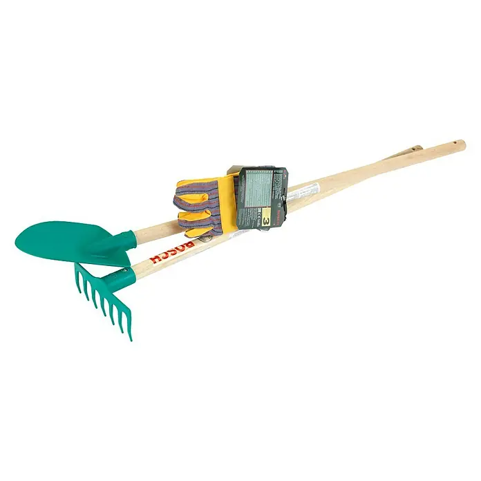 Klein Bosch Kinder-Garten-Set - 3 -tlg. - Ein Set mit Gartengeräten von Bosch, bestehend aus einer Schaufel, einer Harke und Gartenhandschuhen, ideal für kleine Gärtner.