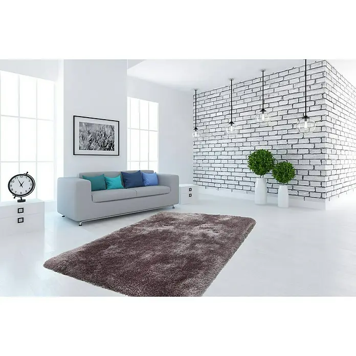 Kayoom Hochflorteppich Cosy - Silber, 290 x 200 cm, 100 % Polyester - Ein modernes Wohnzimmer mit einem grauen Sofa, einem flauschigen, braunen Teppich und dekorativen Elementen wie einer Uhr und Pflanzen.