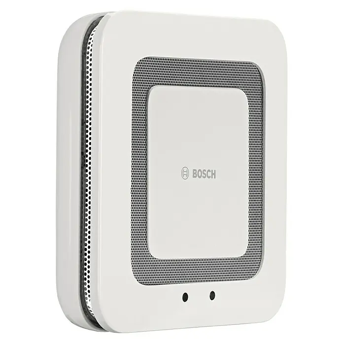 Bosch Smart Home Rauchwarnmelder Twinguard - Batterielaufzeit: 2 Jahre, 41 x 138 x 138 mm - Abbildung eines Bosch-Bewegungsmelders, ein quadratisches Gerät mit einem Gittermuster und dem Bosch-Logo.