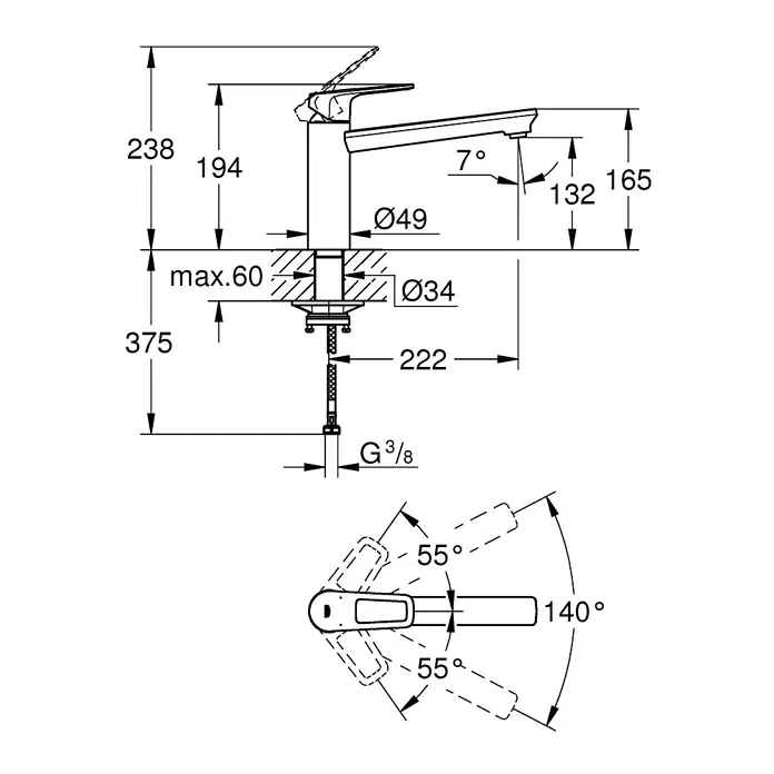 Grohe QuickFix Start Loop Spültischarmatur - Ausladung Armatur: 222 mm, Chrom, Hochglänzend - Technische Zeichnung eines Wasserhahns mit Maßangaben zu Höhe, Durchmesser und Ausladung zur detaillierten Produktansicht.