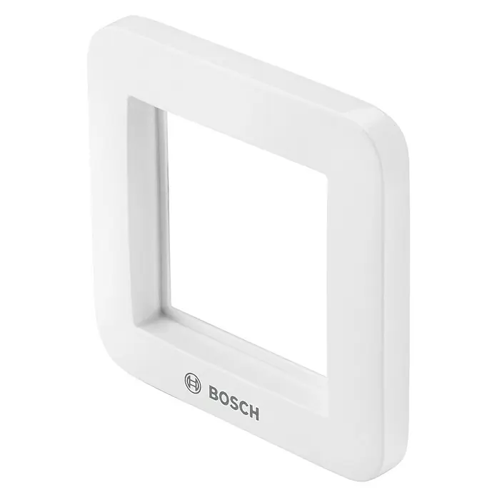 Bosch Smart Home Universalschalter - Reichweite Funk: 101 m, Aufputz - Nahaufnahme einer weißen Bosch-Abdeckung. Das Produkt ist quadratisch und hat ein minimalistisches Design mit abgerundeten Ecken.