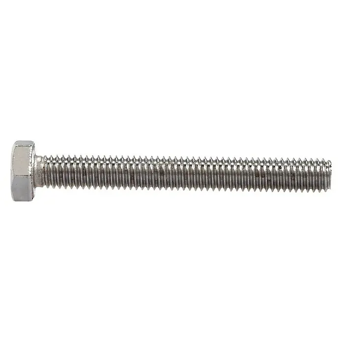 Marinetech Sechskantschraube - Ø x L: 6 x 70 mm, Edelstahl, A4, Sechskantkopf, Außensechskant - Detailaufnahme einer glänzenden Sechskantschraube mit durchgehendem Gewinde vor einem weißen Hintergrund.
